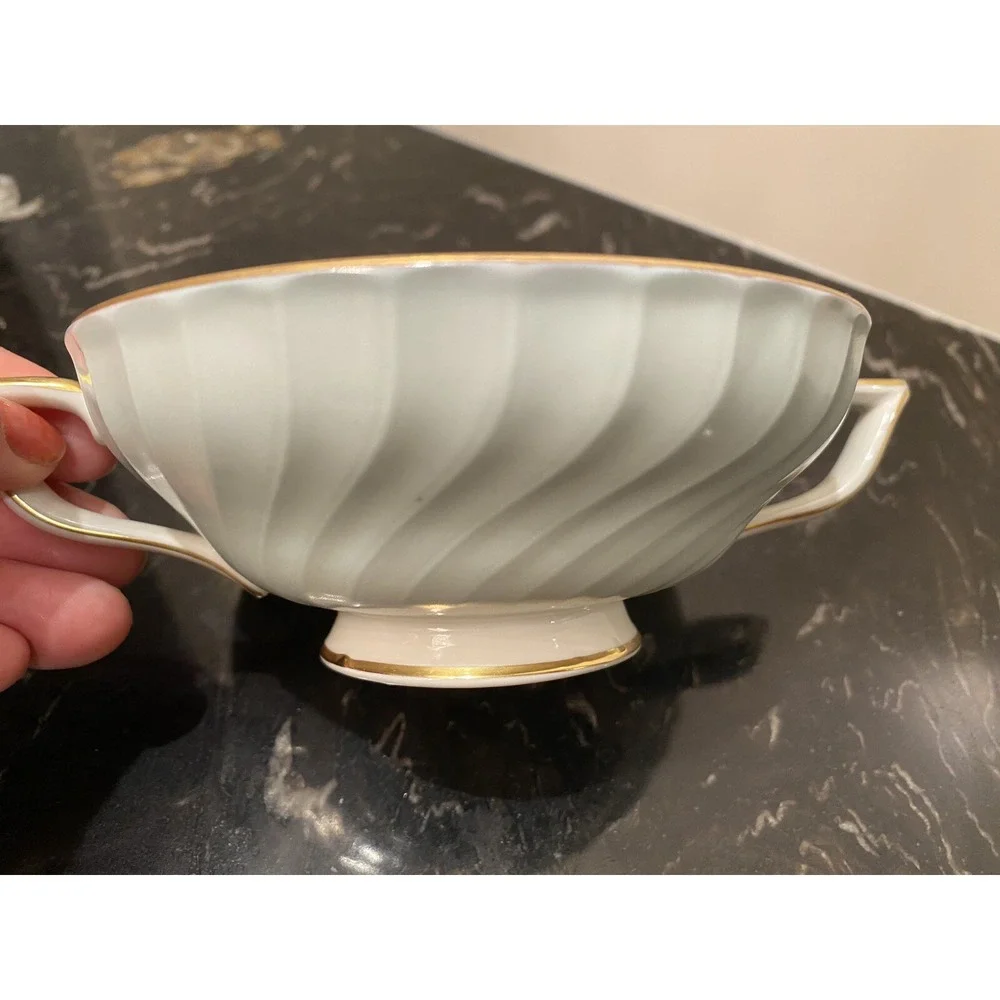 6 Royal Bayreuth Germany Swirl Turquoise Flat Cream Soup Bowls Double Handle
